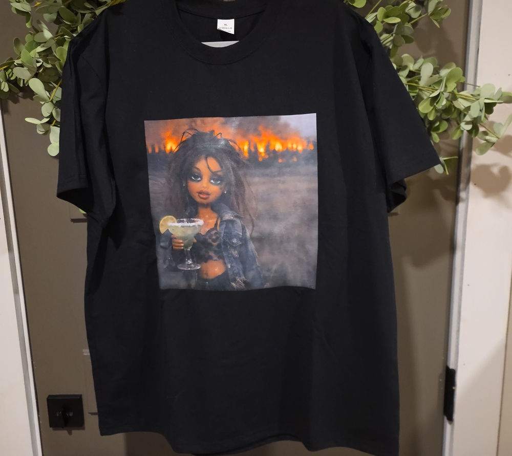 Black Graphic Tee with FUN Doll Print